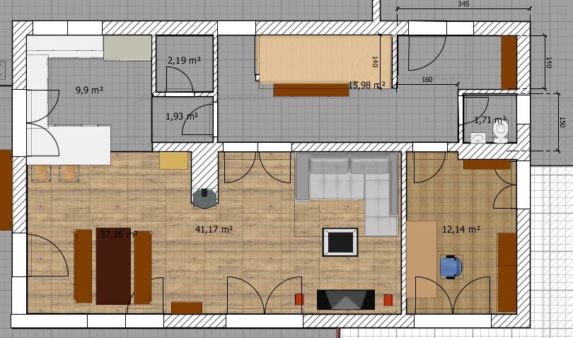 Floor plan of a house: open living area with kitchen, dining table, sofa, fireplace, bedroom, bathroom.