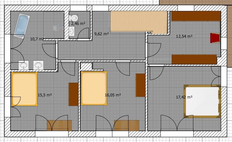 Floor plan of a residential house with several rooms, beds, bathroom, doors, and sqm details.
