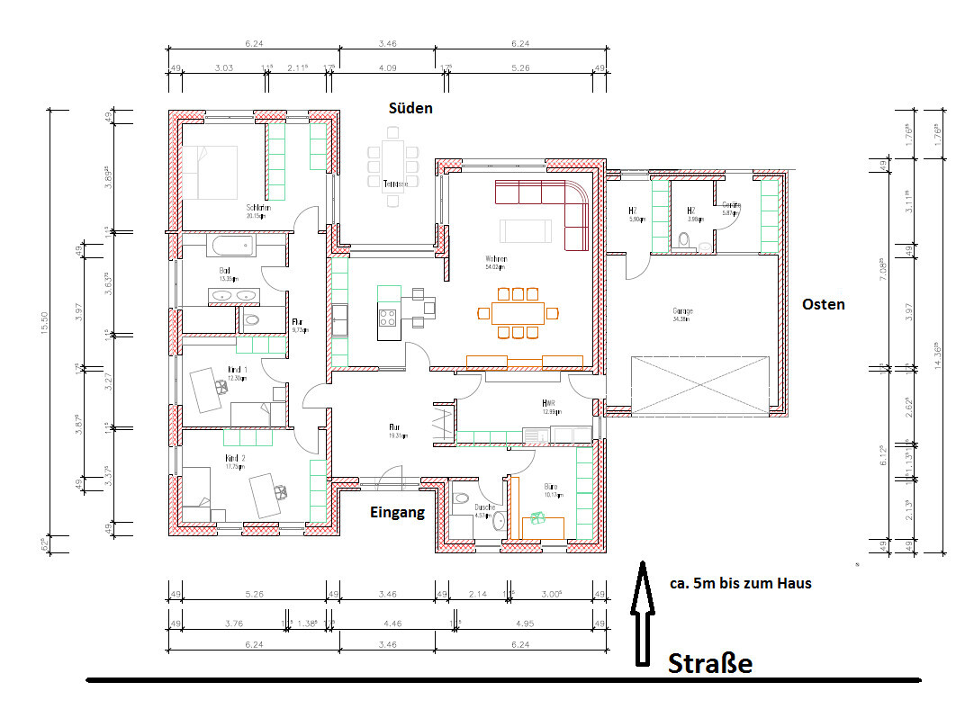 Floor plan of a single-family house: entrance, hallway, living room, kitchen, bathroom, bedroom, garage.