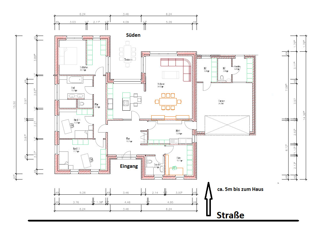 Floor plan of a house with entrance, hallway, living room, kitchen, dining area, bedroom, bathroom; south.