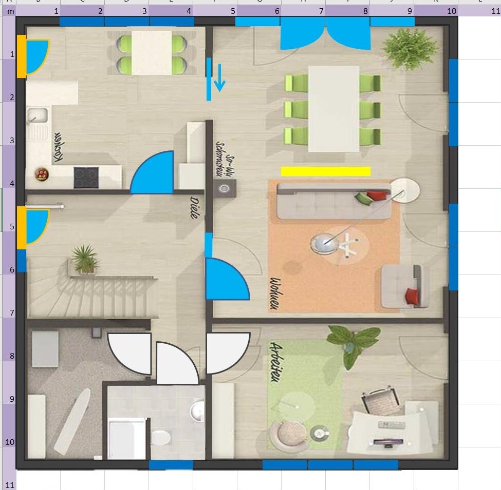 Floor plan of a house: kitchen left, dining area, living room, study, hall, corridor, bathroom, staircase.