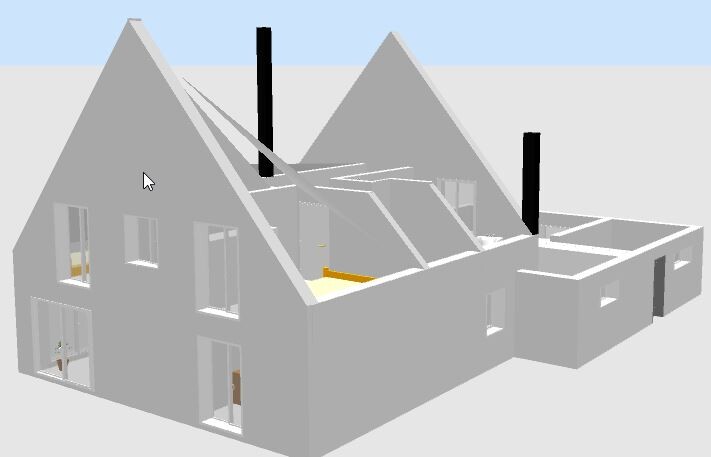 3D house model: gray building with sloped roof and chimneys