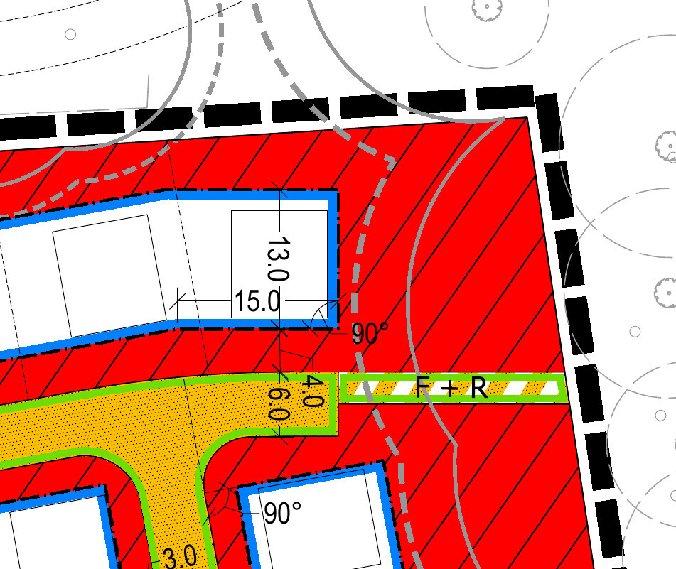 Lageplan eines Baugrundstücks mit Gebäudeflächen und Zufahrtswegen