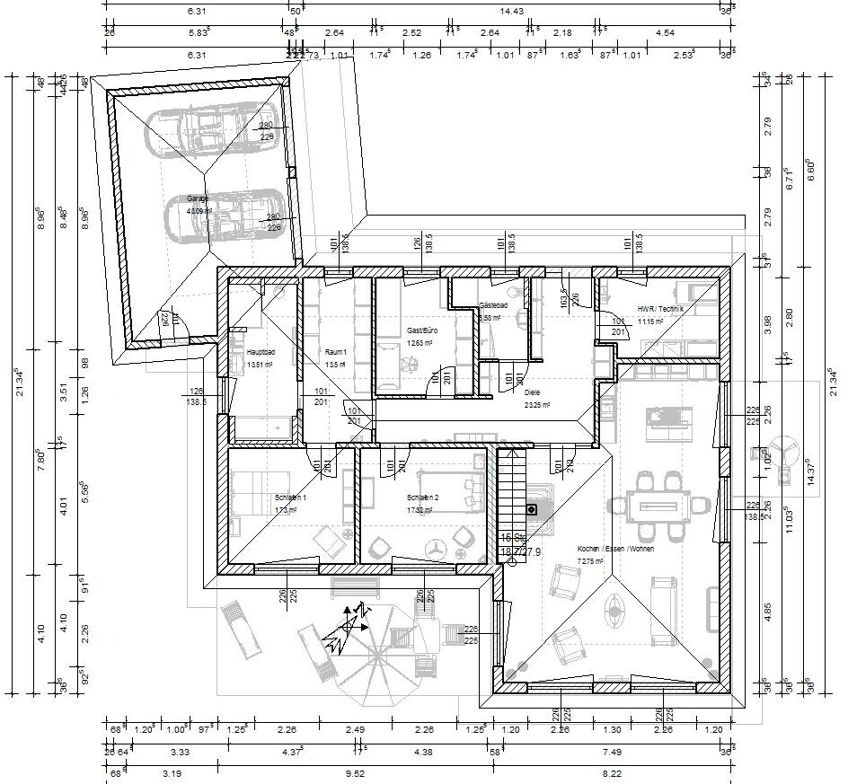 Floor plan of a detached house with garage, rooms, kitchen, dining/living area, and utility room.