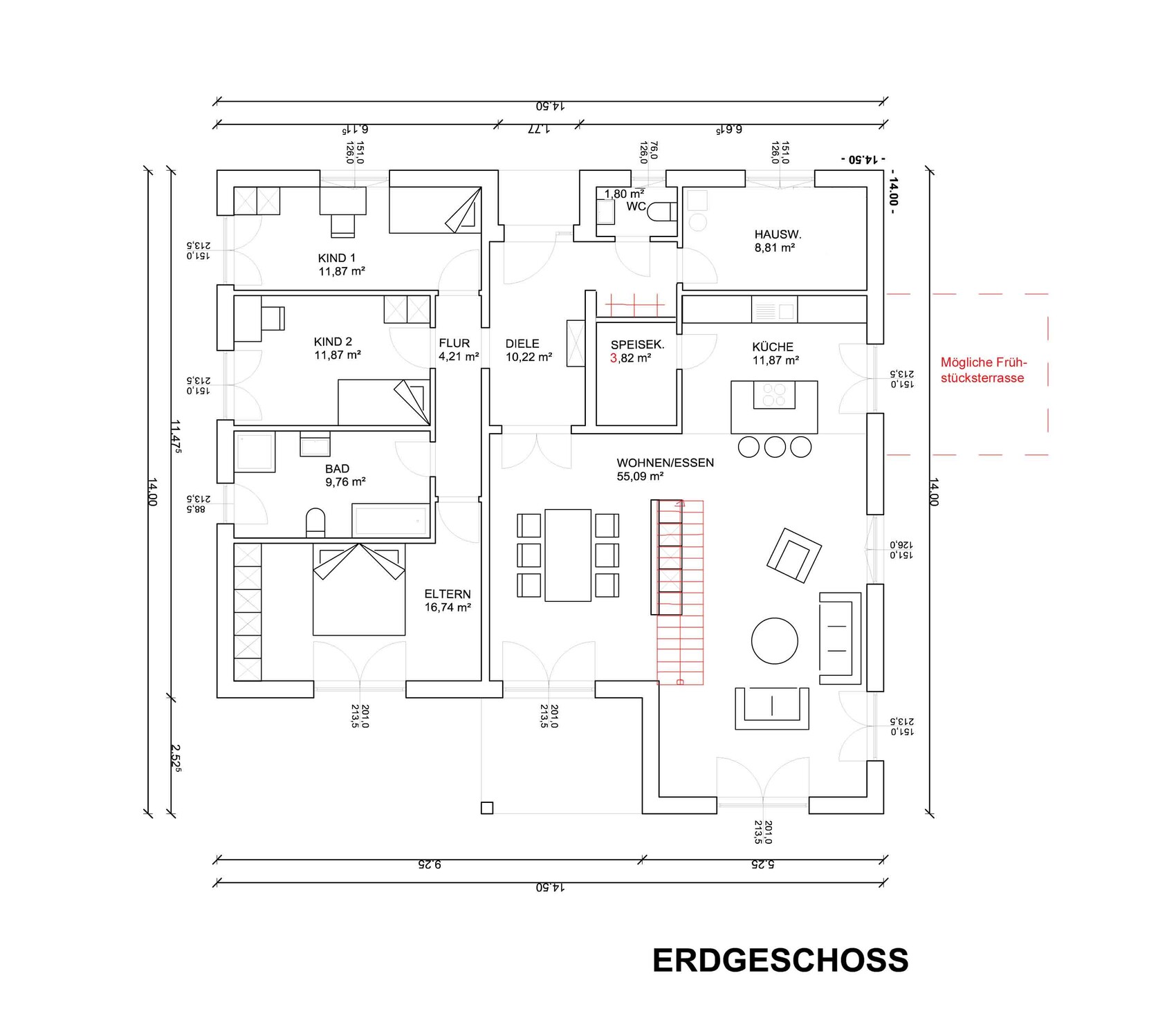 Ground floor plan: living/dining room, kitchen, pantry, bathroom, master and children’s bedrooms, hallway