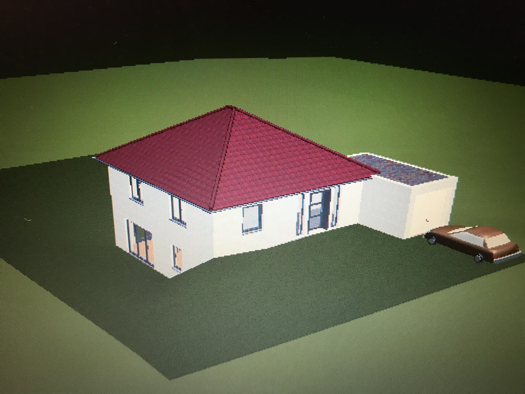 White detached house with red hipped roof, attached garage and brown car.
