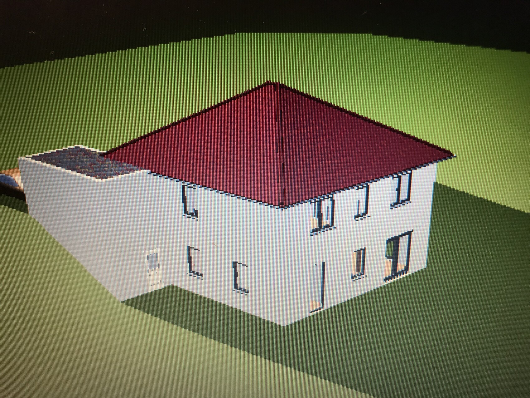 3D model of a white two-story house with red roof and windows.
