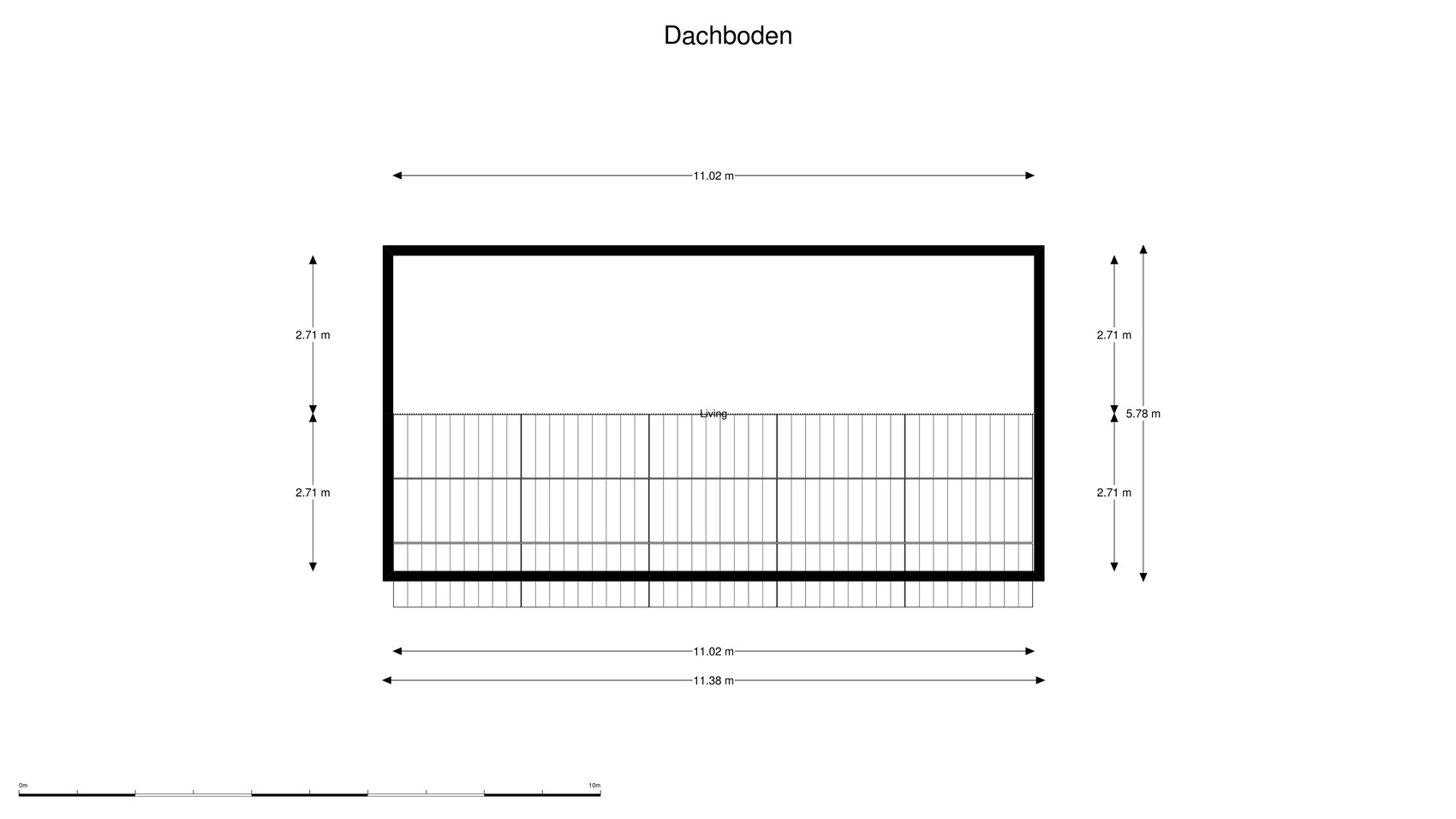 Attic floor plan: large rectangle with railing/grid partition and dimension lines (11 m).
