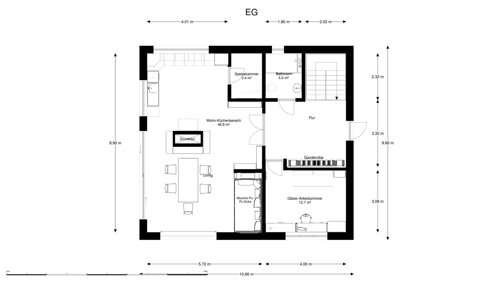 Ground floor plan: living and kitchen area, pantry, bathroom, corridor, cloakroom, guest/workroom