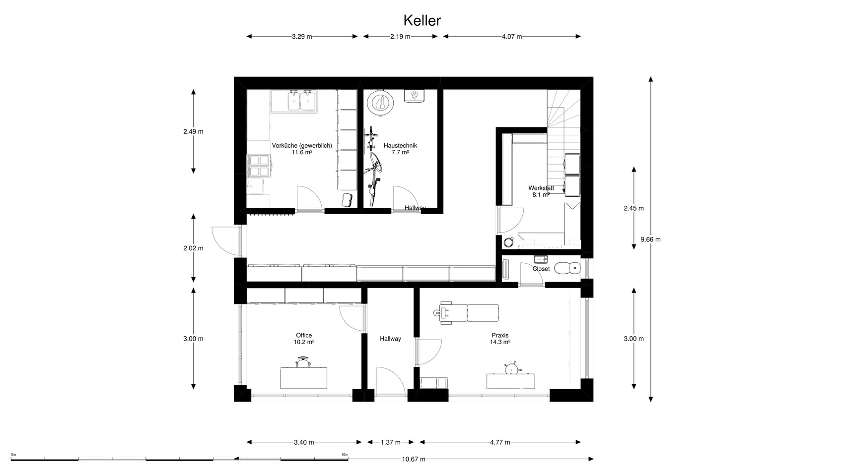 Basement floor plan: prep kitchen, building services, workshop, office and practice rooms with doors.