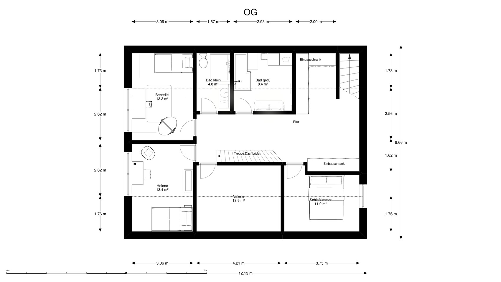 First floor plan: corridor, four rooms, two bathrooms, stairs to attic, built-in closets.