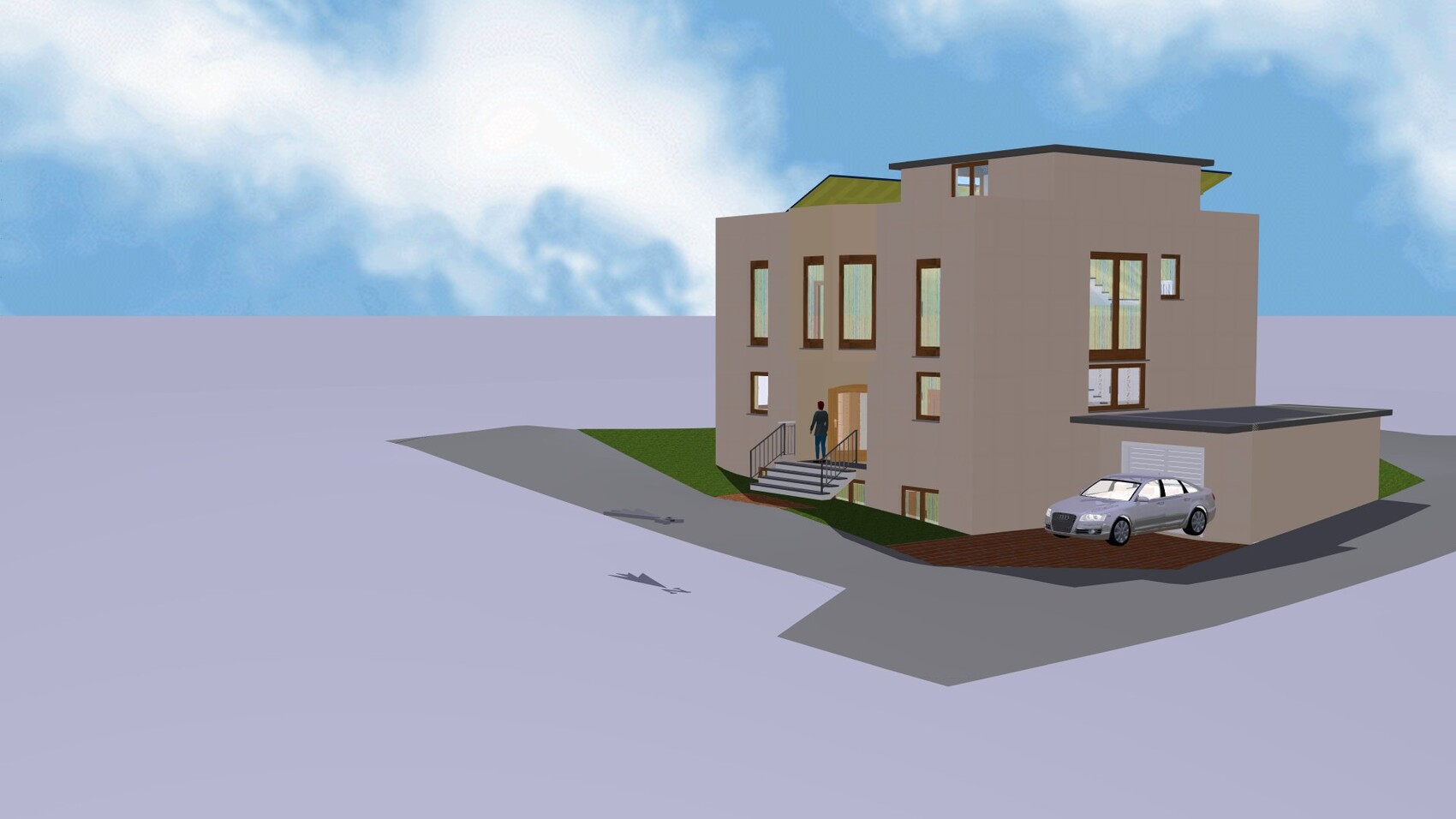 3D-Render of a modern two-story house with garage and car