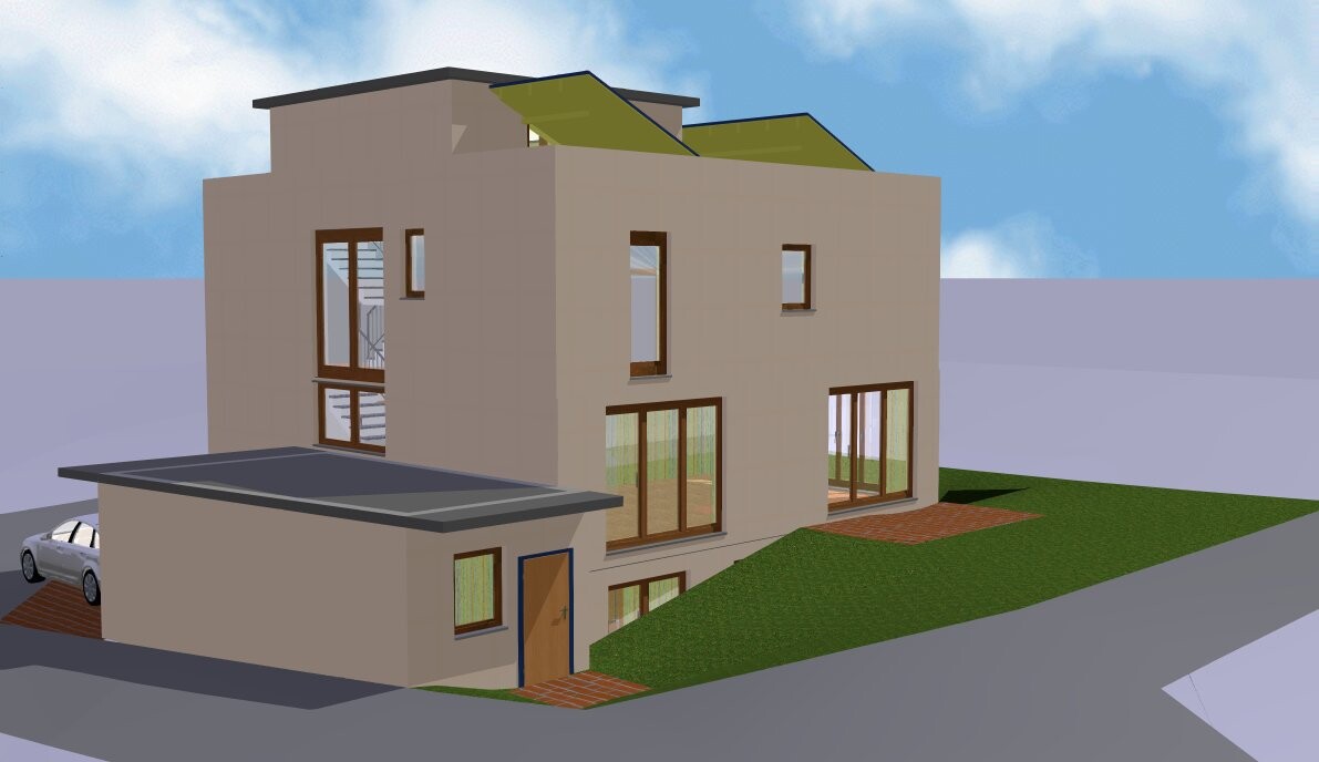 3D model of a modern two-story house with large windows, garage and garden