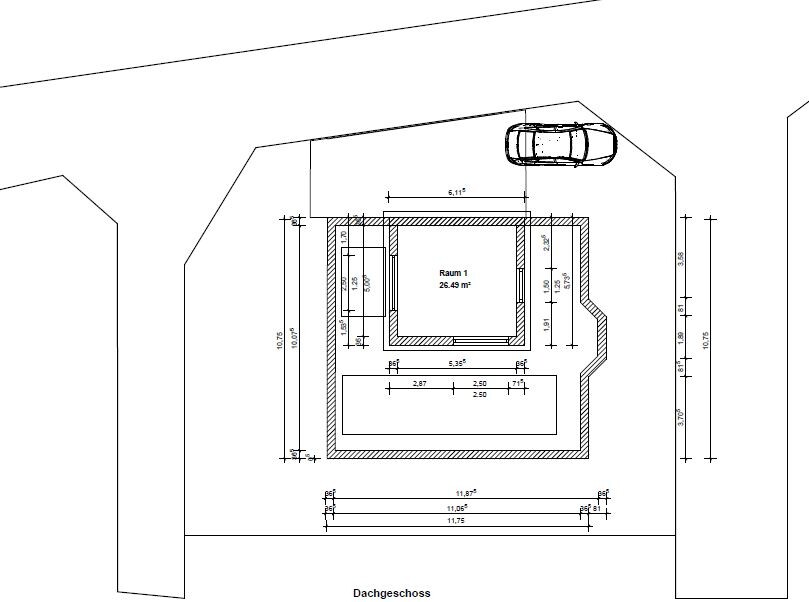Two-dimensional attic floor plan with room 1, dimensions and car in front