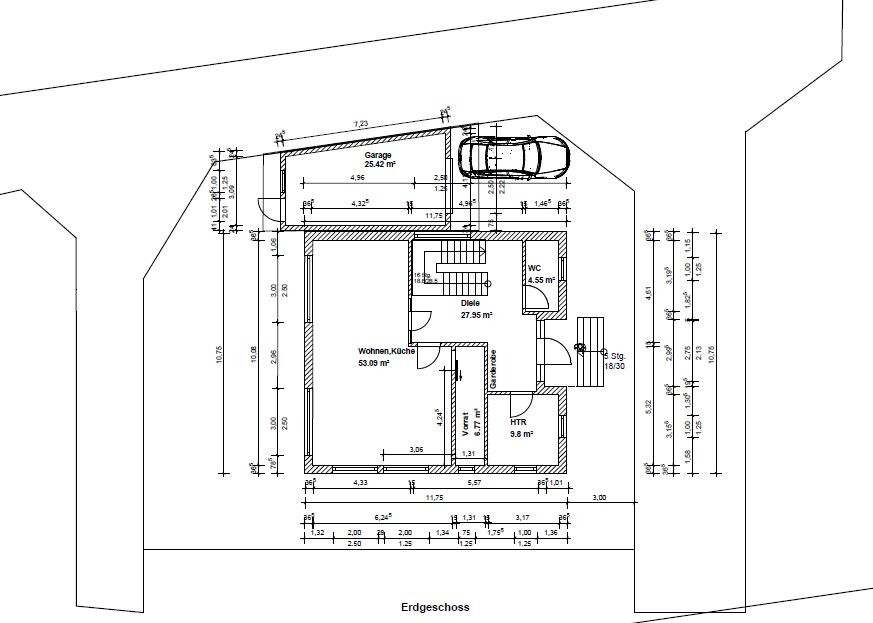 Ground floor plan of a house with living room, kitchen, garage and entrance