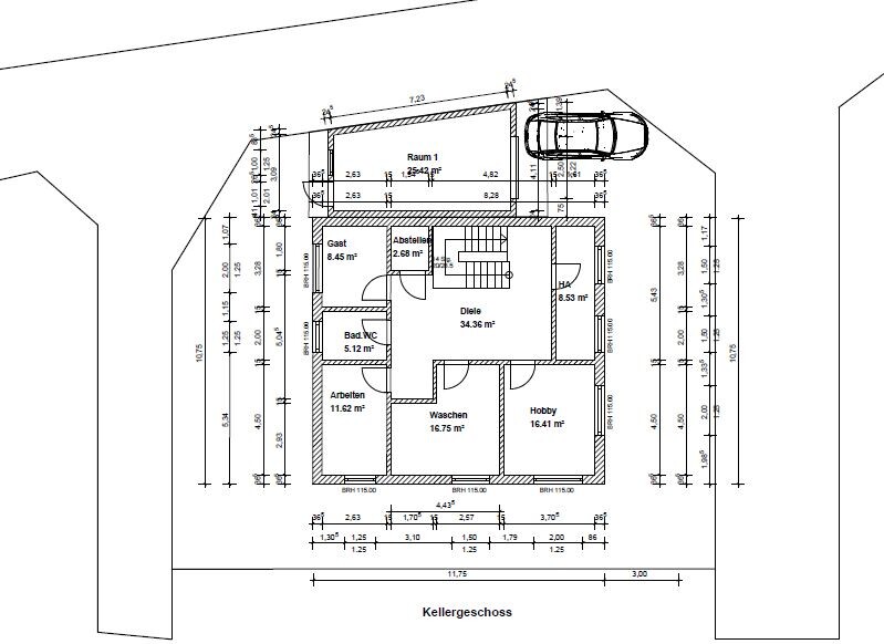 2D basement floor plan of a house with rooms and dimensions