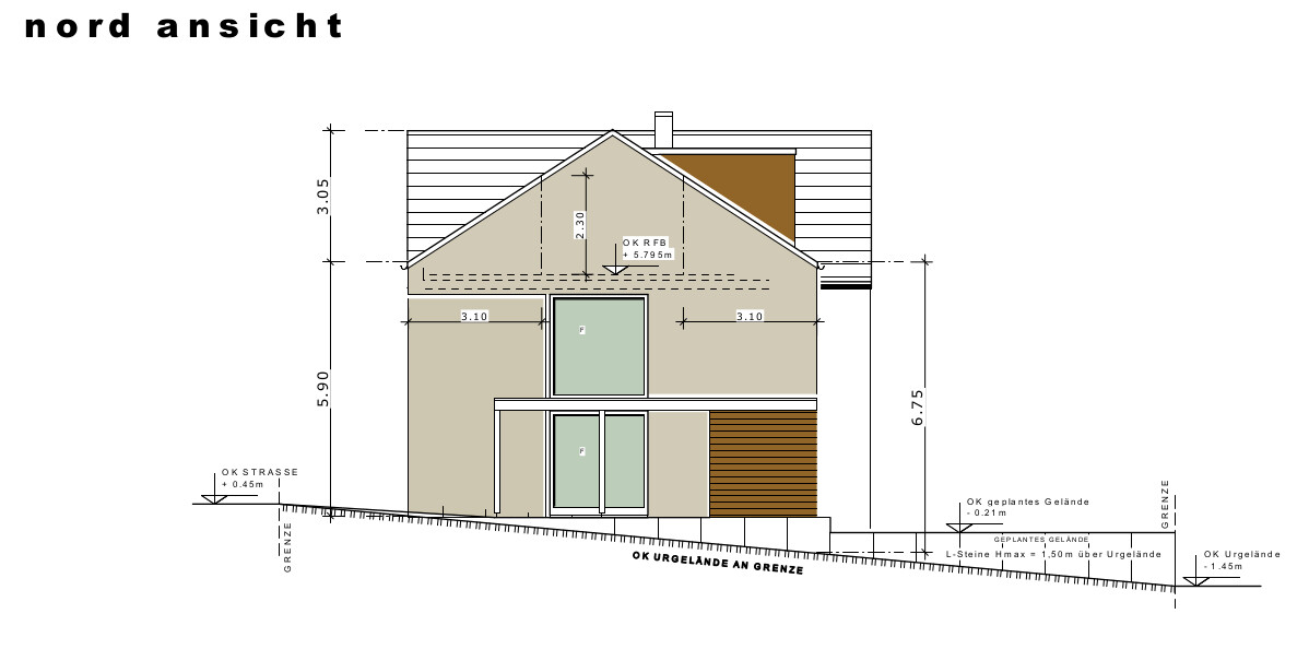 Nordansicht eines zweigeschossigen Hauses mit Satteldach, großen Glasfenstern und Holzgarage.