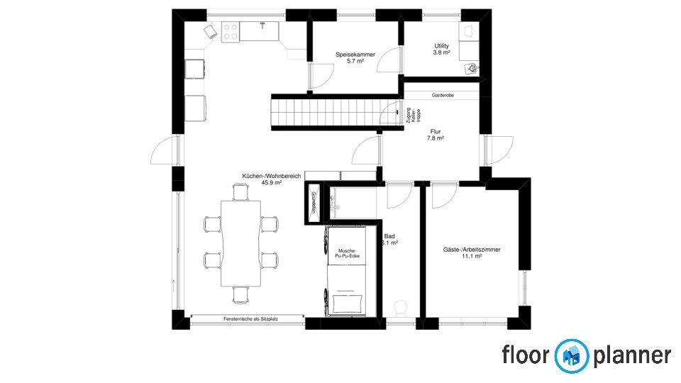 Floor plan of a house: open kitchen-living area with dining table, hallway, bathroom, and guest room.