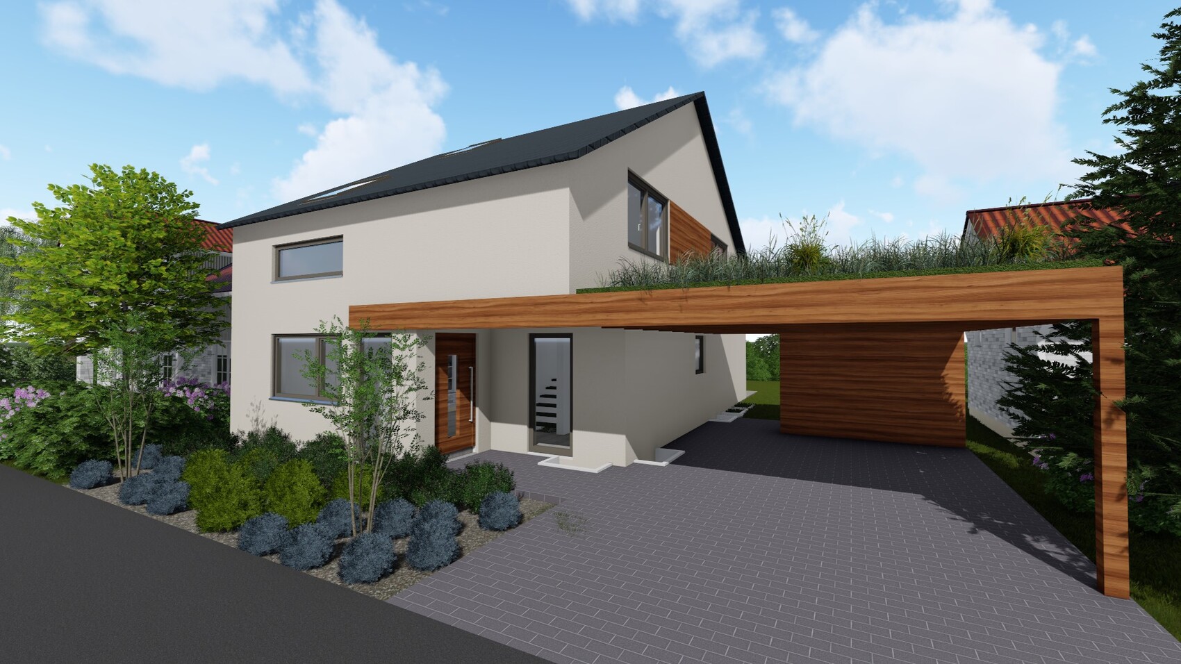 Modern two-story house with gray facade, wooden elements, carport and well-maintained garden.