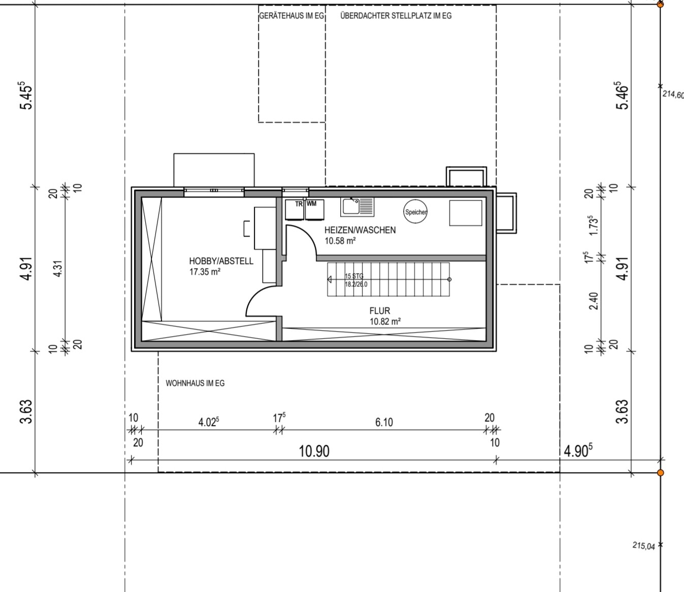 Floor plan of a utility building: hobby/storage room, heating/laundry, hallway with stairs.