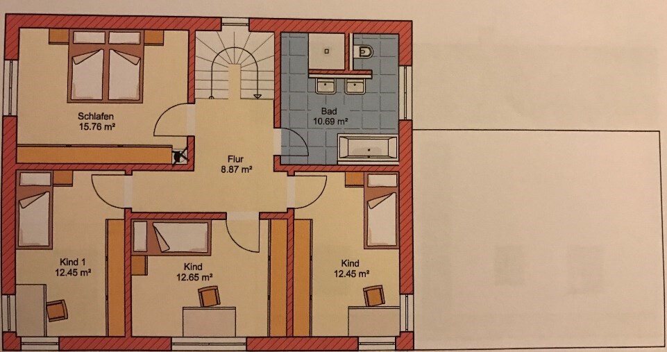 Upper floor plan with bedroom, bathroom, hallway, and three children’s rooms.