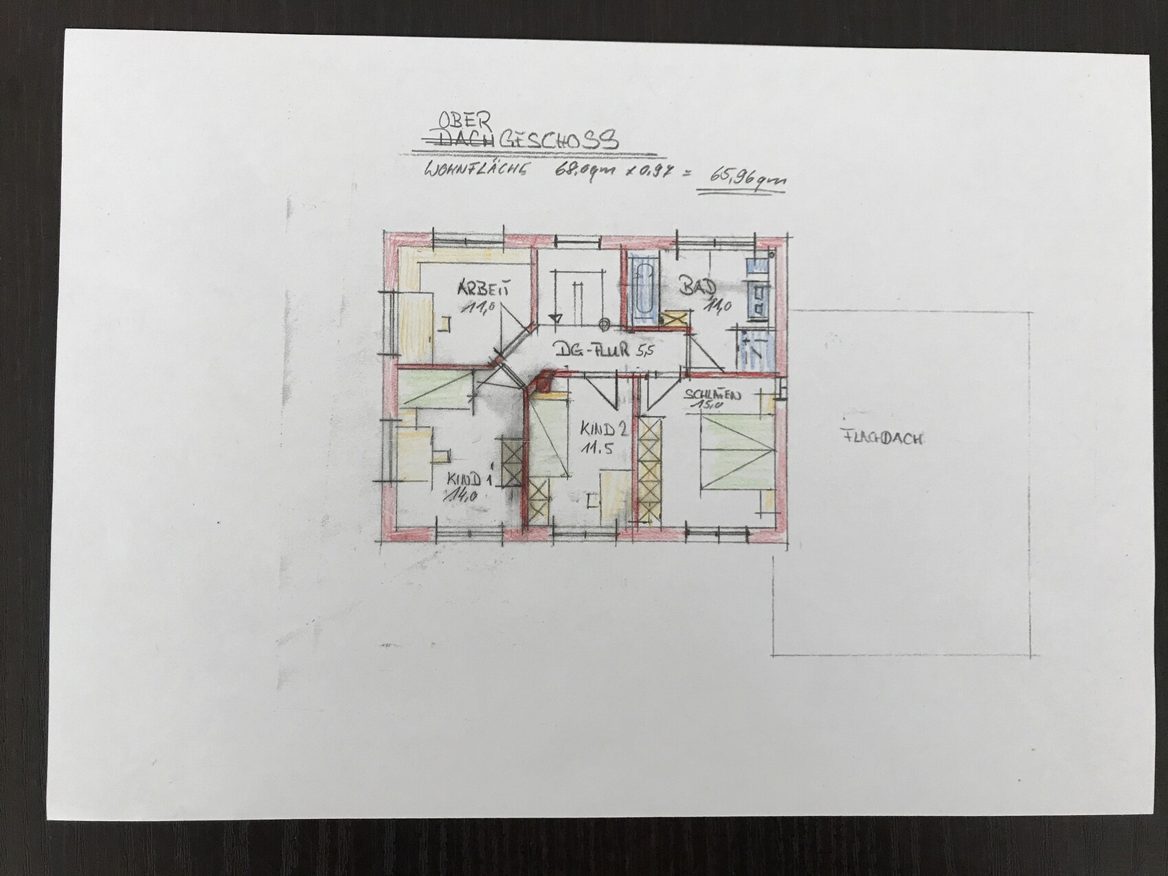 Hand-drawn upper floor layout: study, bathroom, bedroom, children’s room, hallway, flat roof.