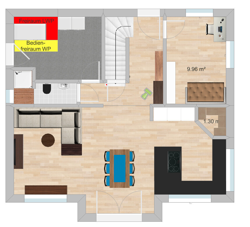 2D floor plan of a house with living room, kitchen, dining area and staircase