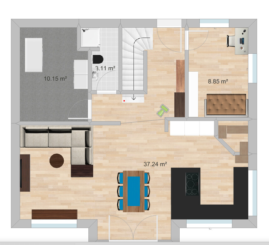 Floor plan of an open living area with kitchen, dining corner, living room and staircase