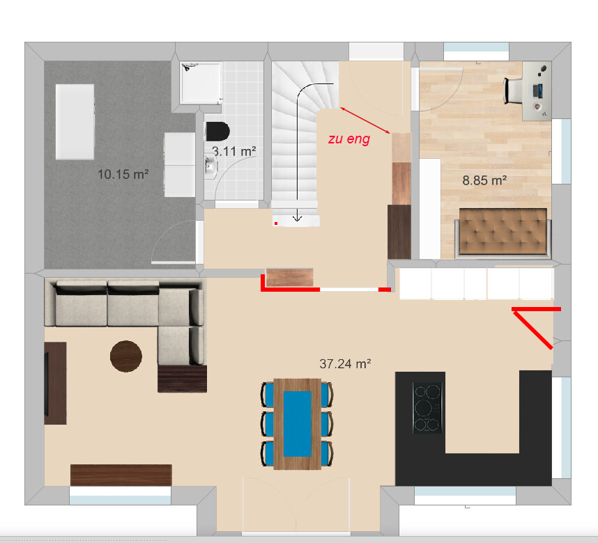 Grundriss eines Erdgeschosses mit Wohnzimmer, Küche, Essbereich und Treppe