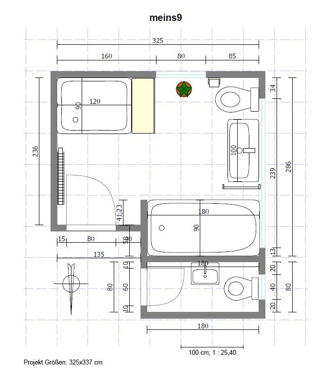 Grundriss eines Badezimmers mit Badewanne, Toilette und Waschtisch