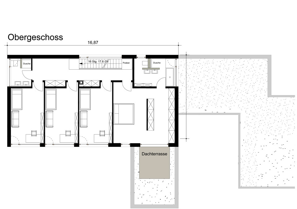 Upper floor plan with roof terrace, room layout, and corridors.