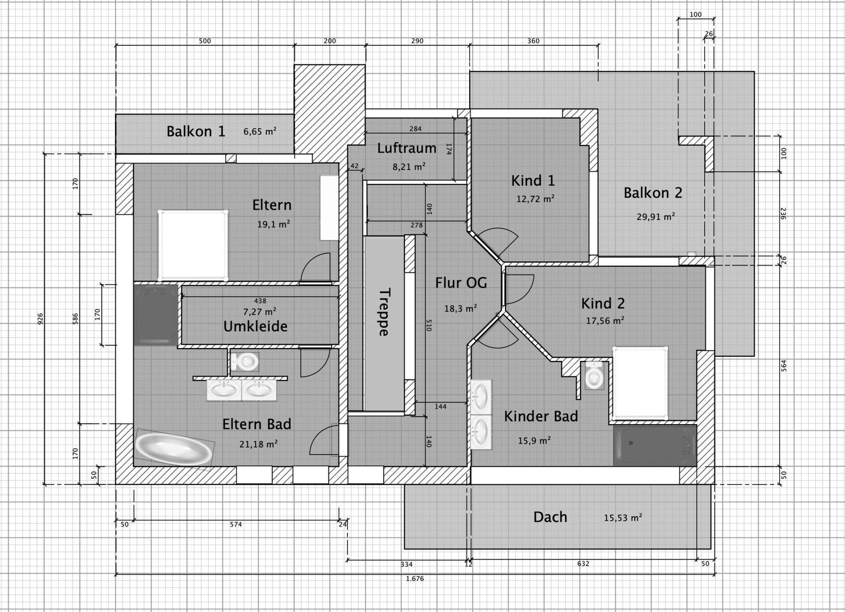 2D-Grundriss eines Hauses mit Eltern- und Kinderzimmern, Balkonen und Dach
