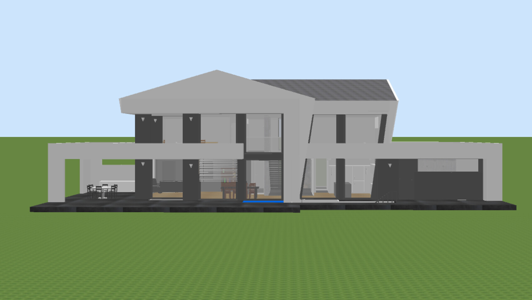 Modernes 3D-Hausmodell mit offener Fassade, Terrassen und Grünfläche