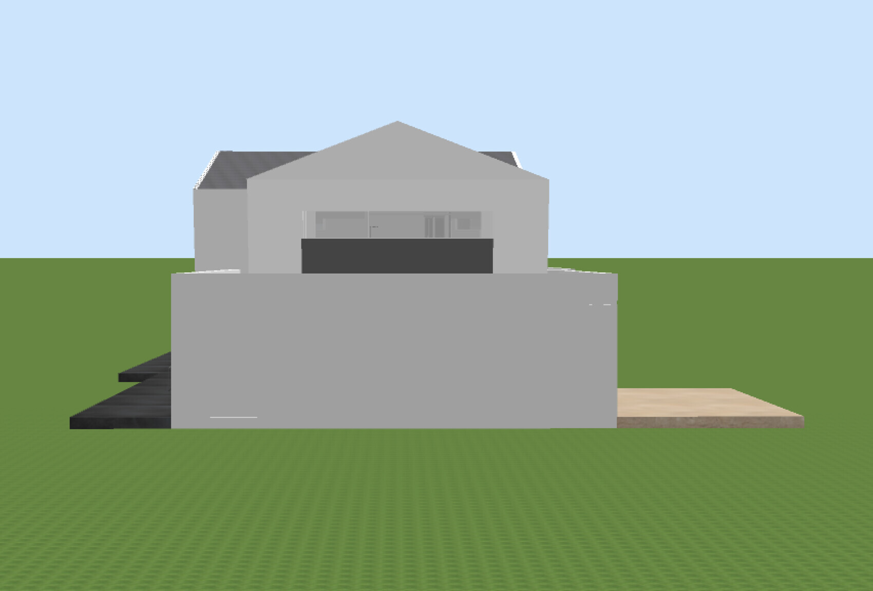 3D-Hausmodell eines modernen Hauses auf grünem Grundstück vor blauem Himmel