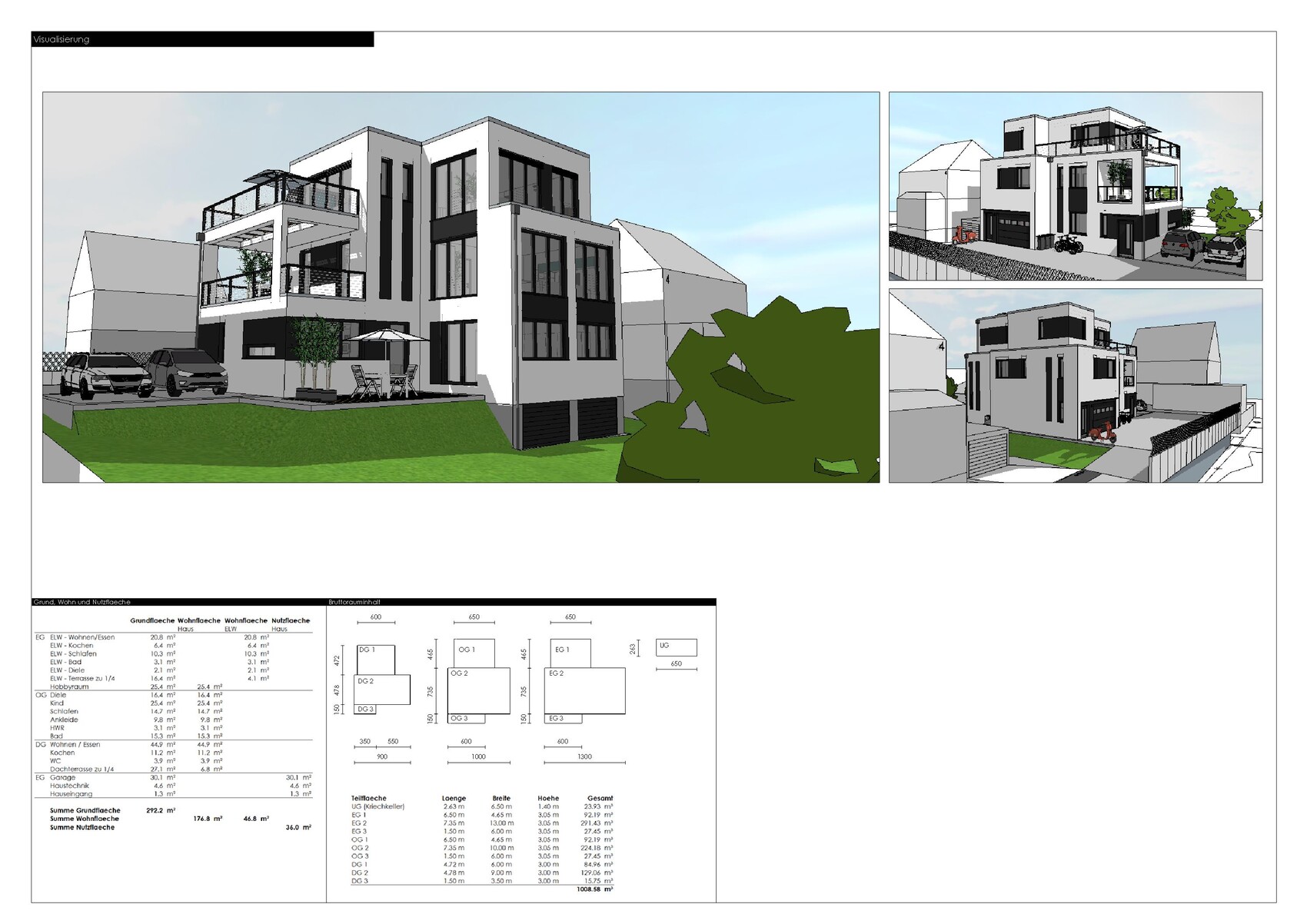 3D view of a modern house from outside with balcony, garden, and cars