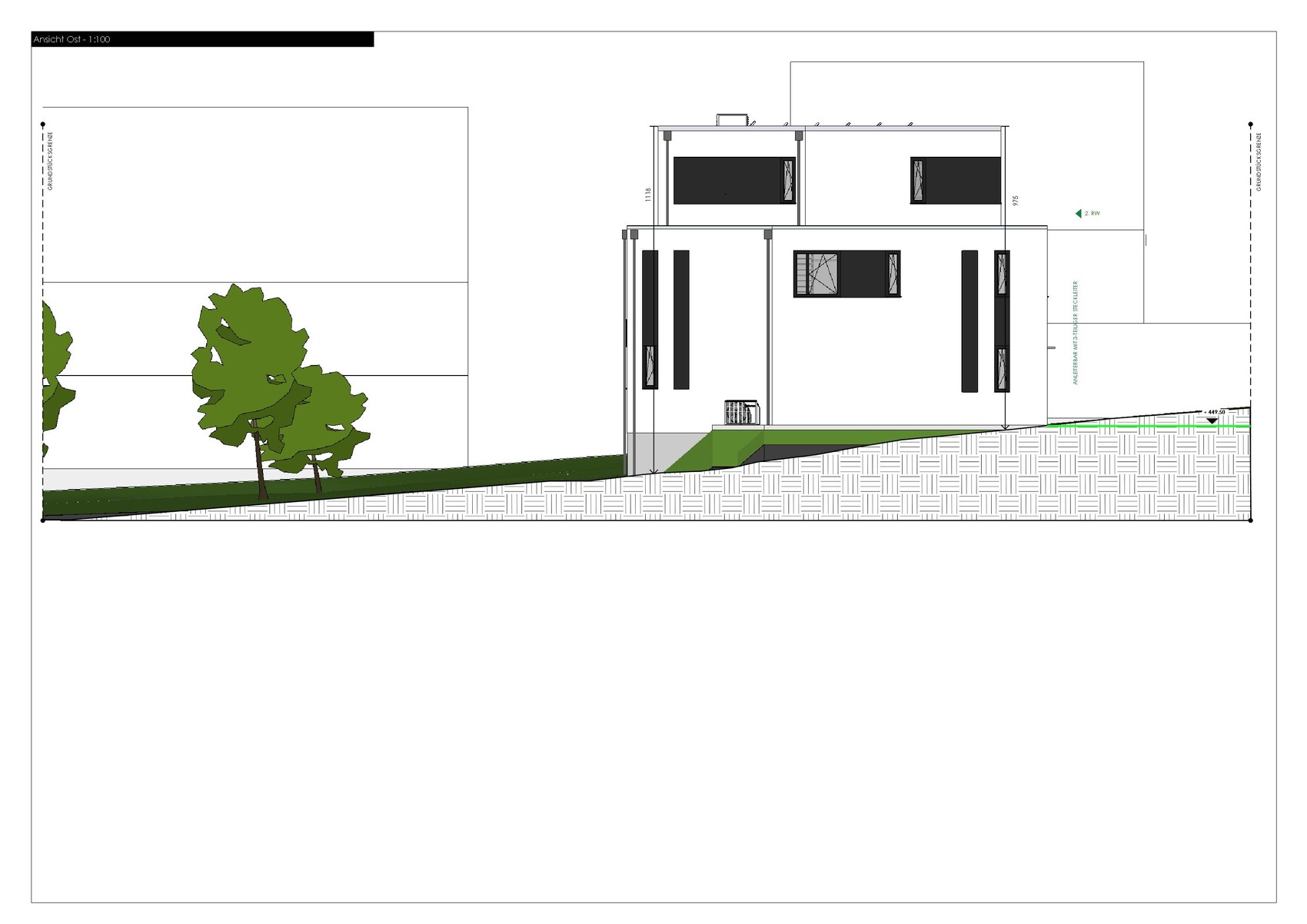 Architectural east view of a modern house with garden and hillside location