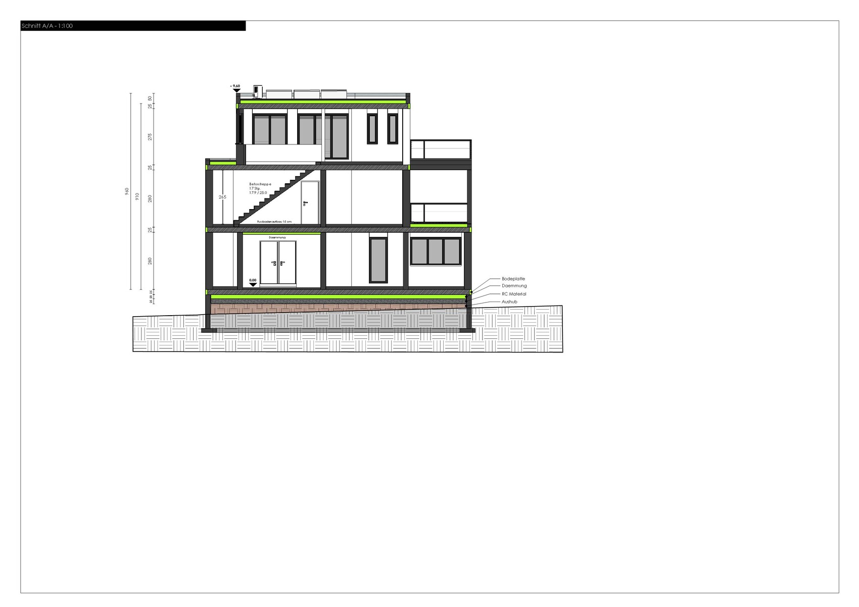 Section drawing of a multi-story house with foundation, walls, stairs, and windows