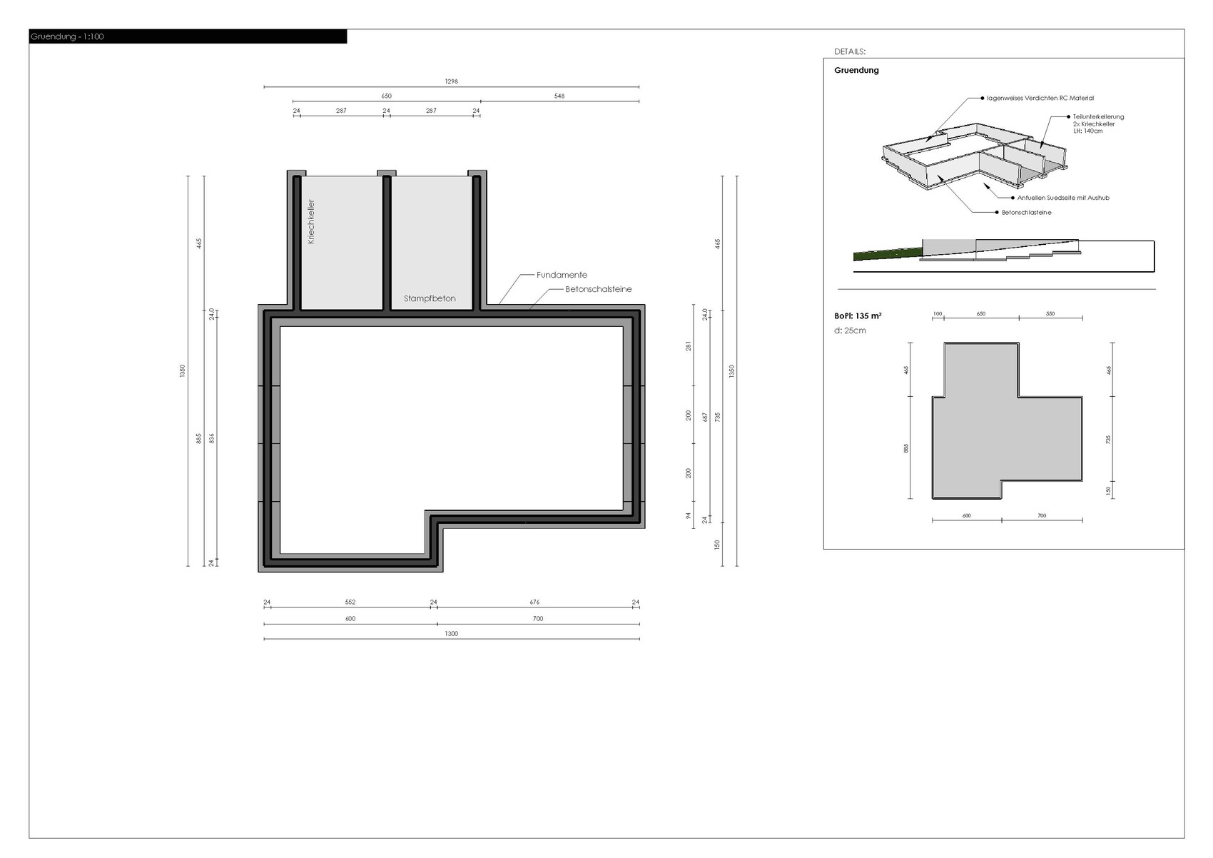 Floor plan and foundation plan of a building with dimensions and wall structures