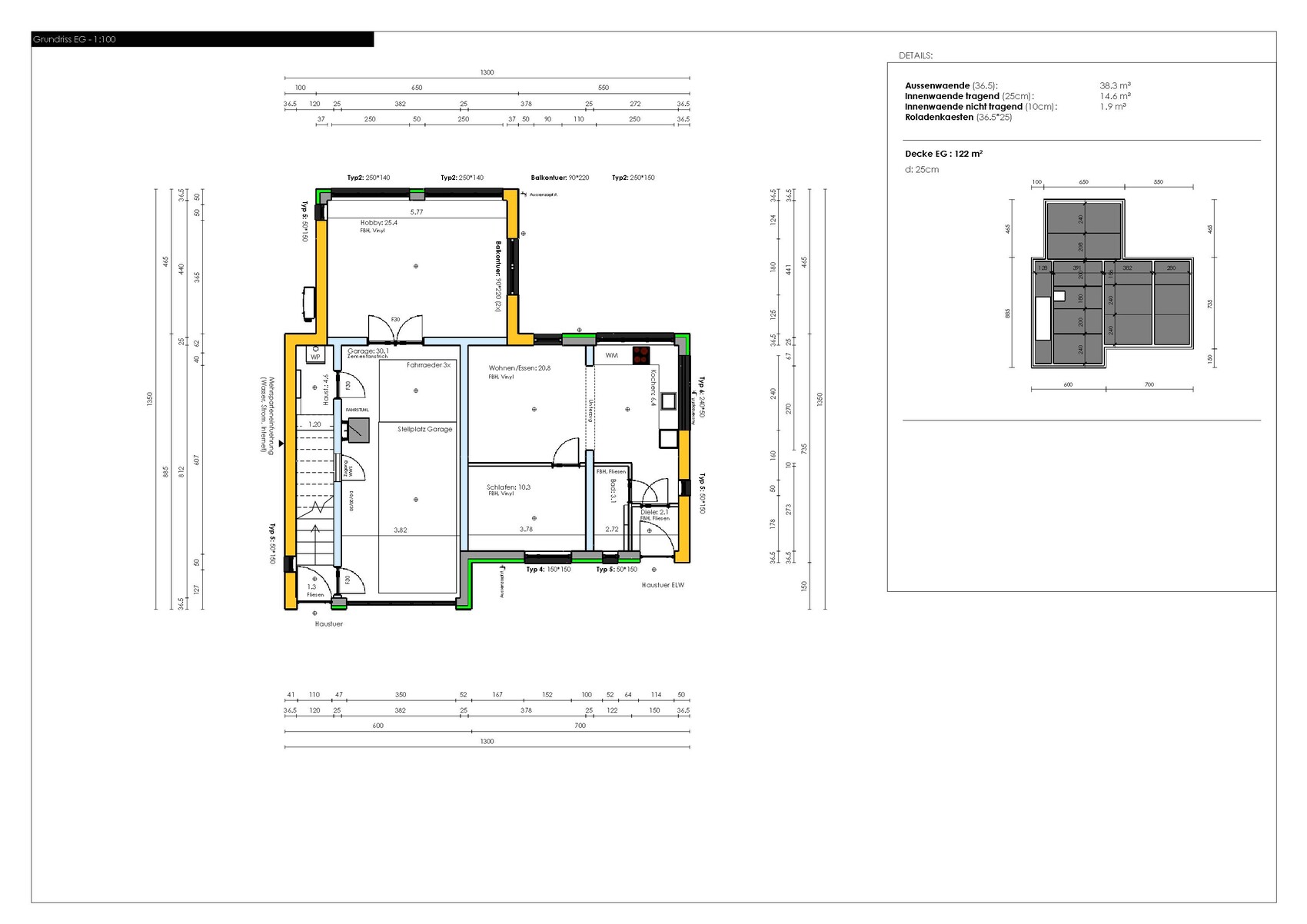 Ground floor construction plan with room layout, doors, and measurements