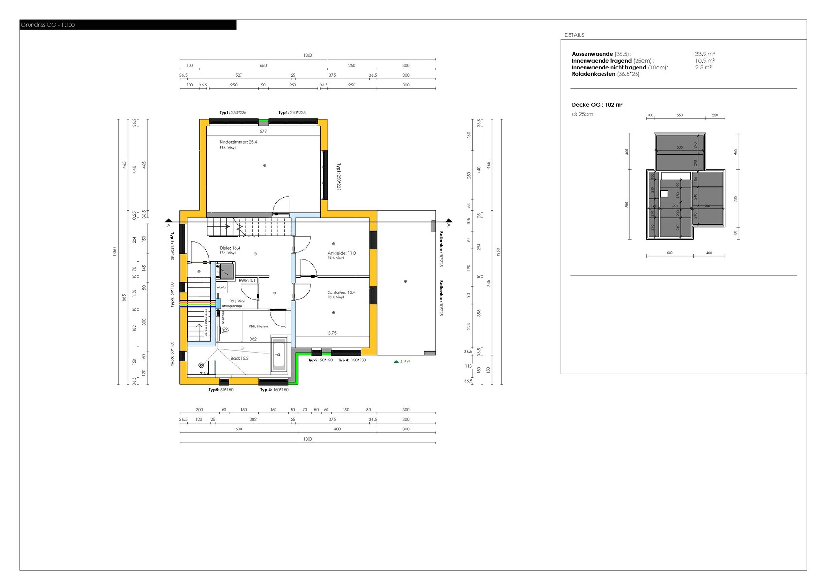 Floor plan of the upper floor with dimension lines, color-coded walls, and details