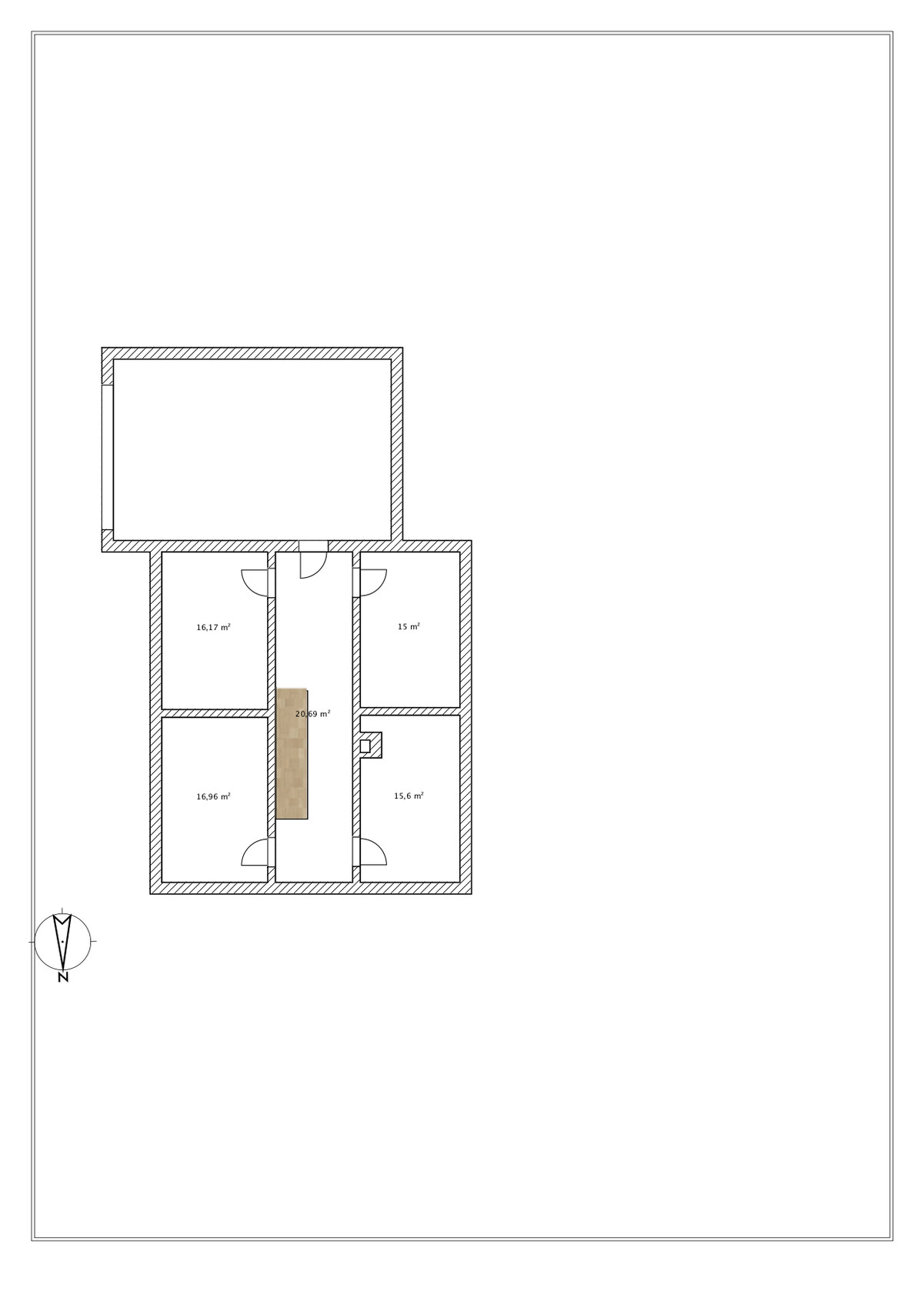 Floor plan of a building with several rooms, corridors, doors and shaded walls; measurements in sqm.