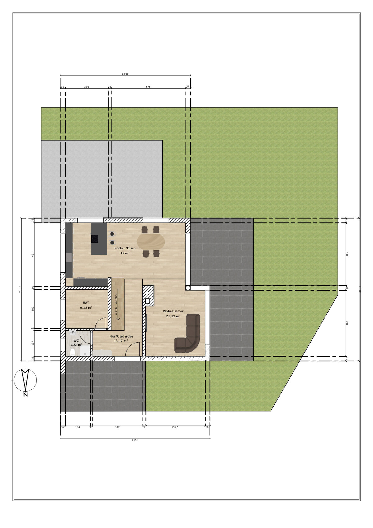 Floor plan of a house with kitchen/dining, living room, corridor, utility room, WC and garden.