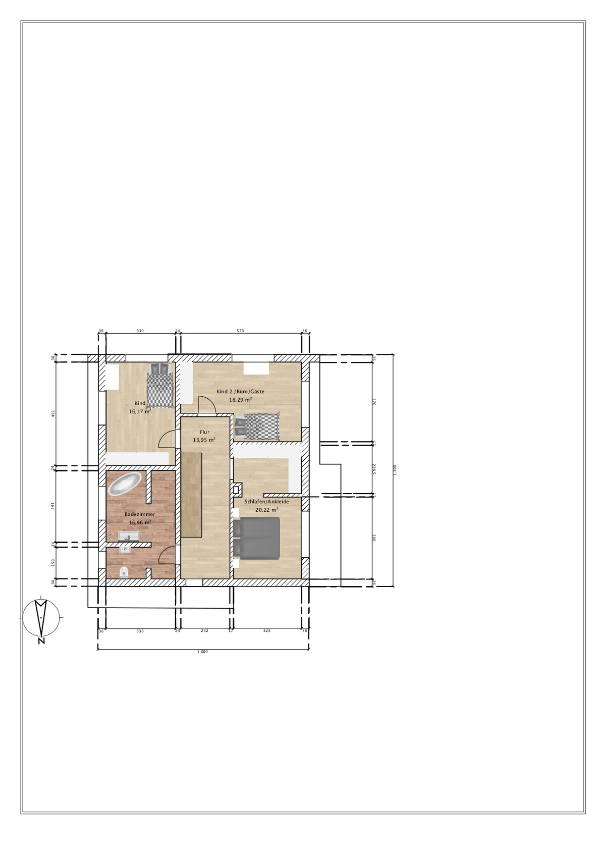 Floor plan of an apartment: bedroom with walk-in closet, bathroom, corridor, children’s/office/guest room.