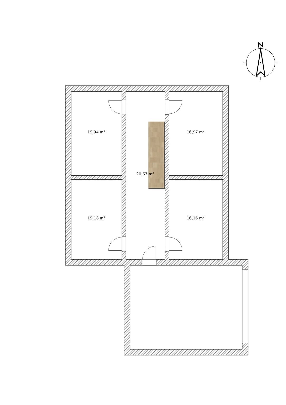 Floor plan: four rooms left/right, central corridor with wooden table, north orientation.