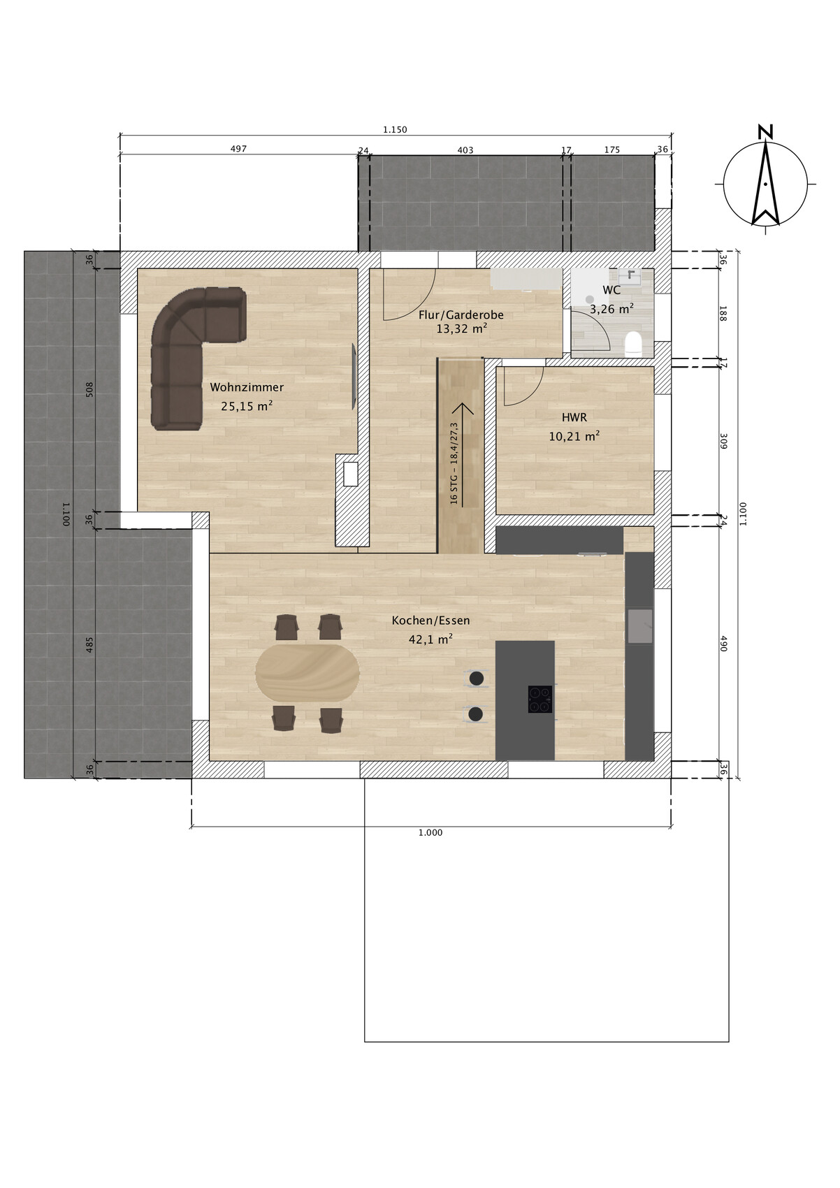 Floor plan: ground floor with living room, kitchen/dining, hallway/wardrobe, utility room, WC; furniture.