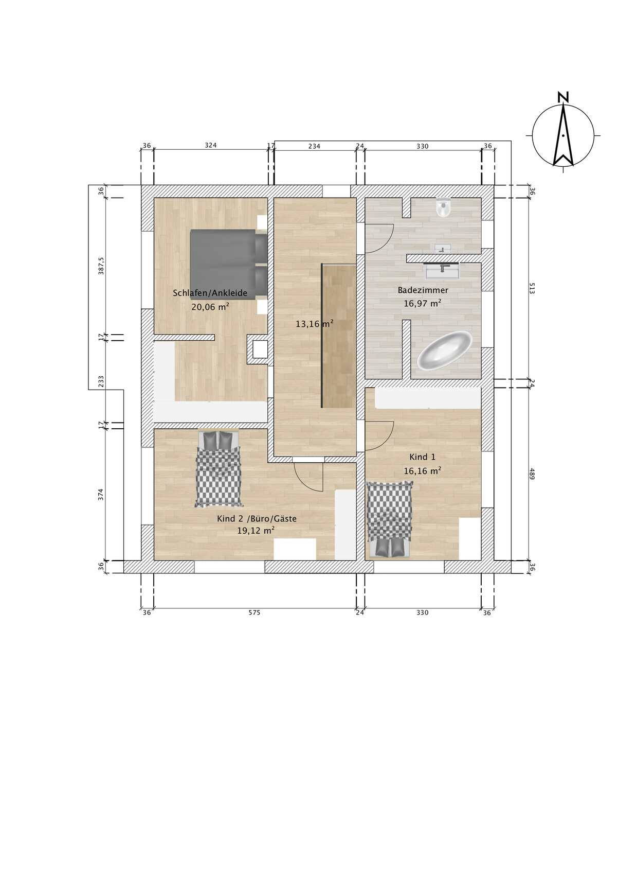 Floor plan of a living area with bedroom/dressing, bathroom, child 1, child 2/office/guest, hallway