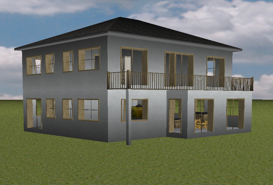 Two-story gray house model with balcony and many windows on grassy area.