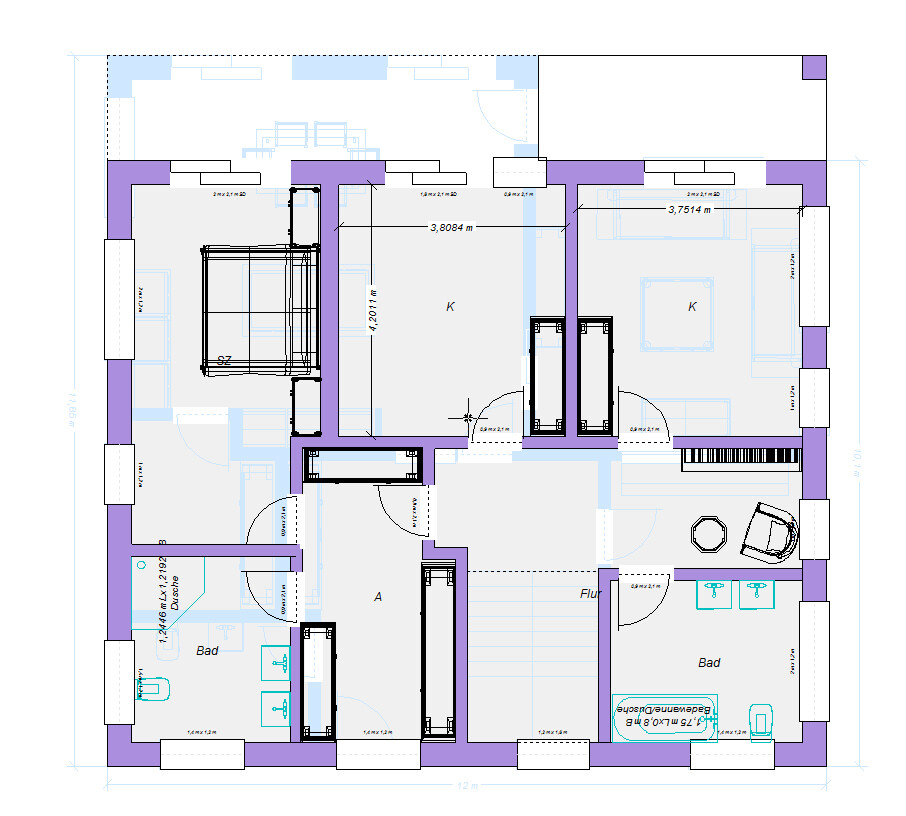 Floor plan of an apartment with multiple rooms, doors, corridor, bathroom, and kitchen (K).