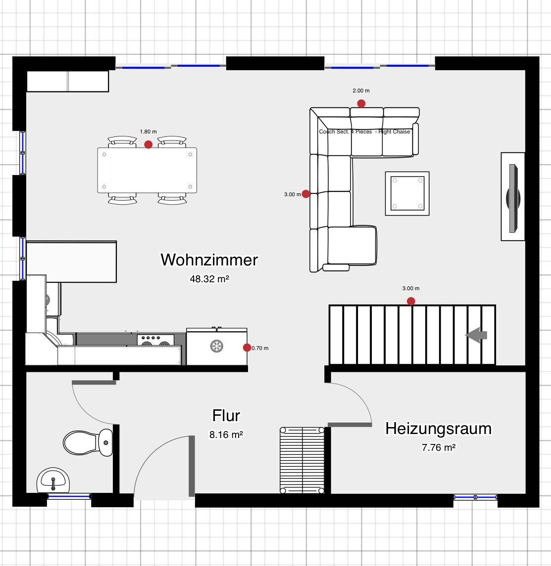 Floor plan of a living room with dining table, sofa, kitchen, staircase, heating room and hallway.