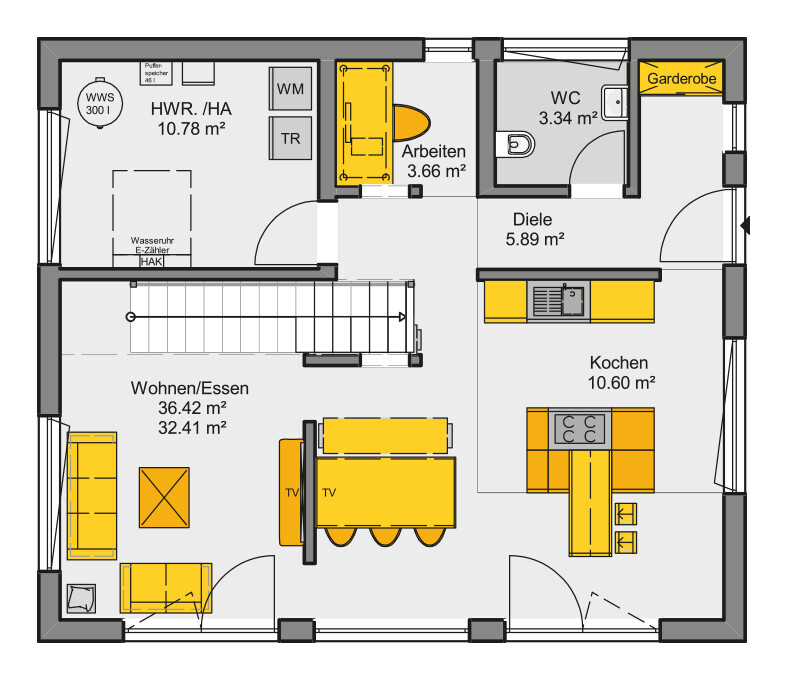 Floor plan: Open kitchen with dining area, living/dining, office, stairs, WC, hallway, cloakroom.